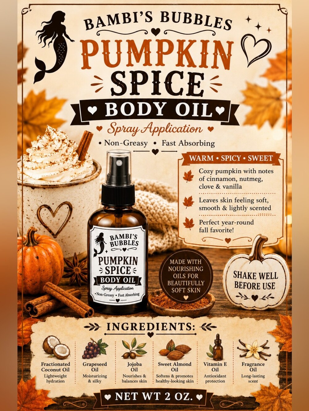 New! Bambisbubbles Pumpkin Spice Body Oil 2oz Spray Application